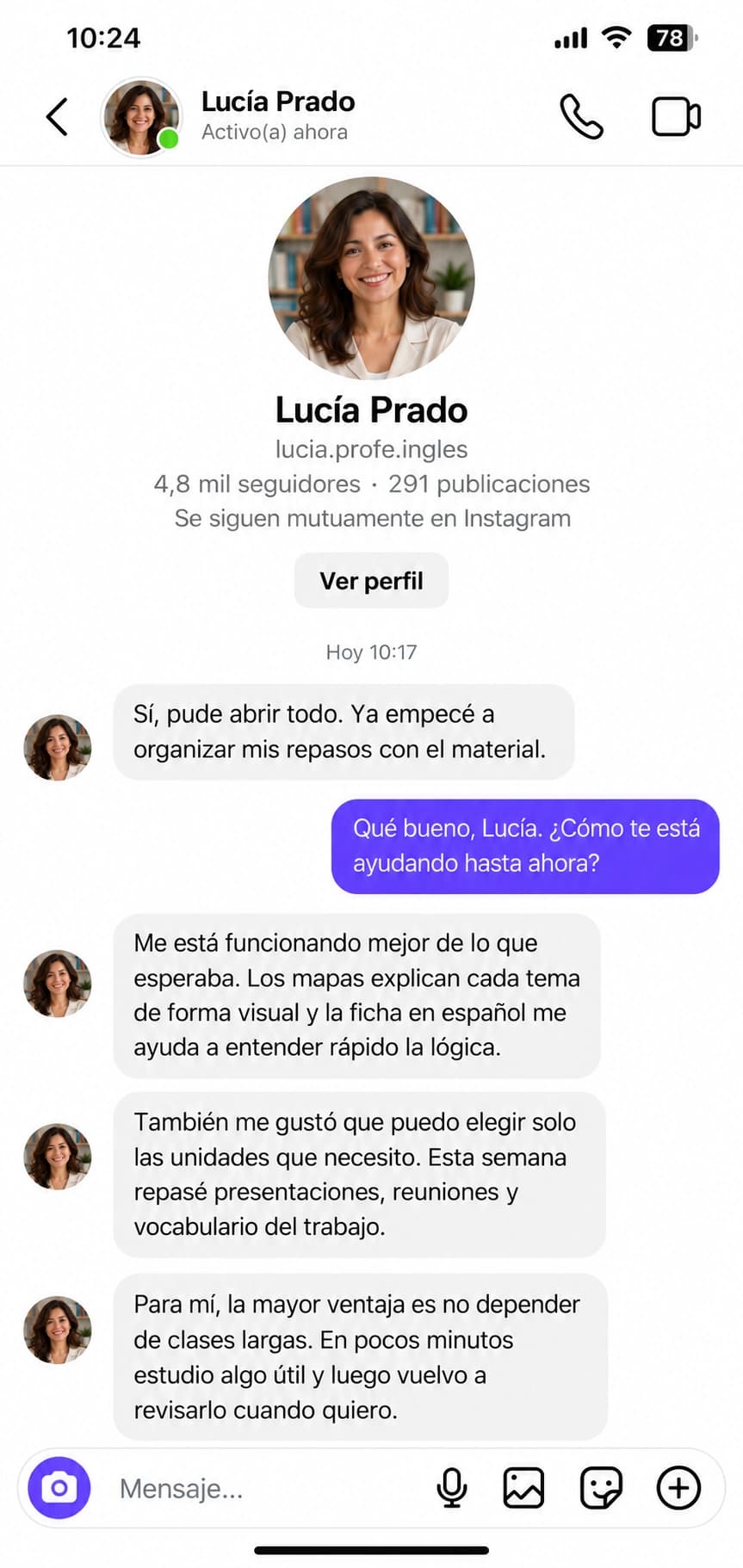 Mensaje directo en Instagram de Lucía Prado sobre el material